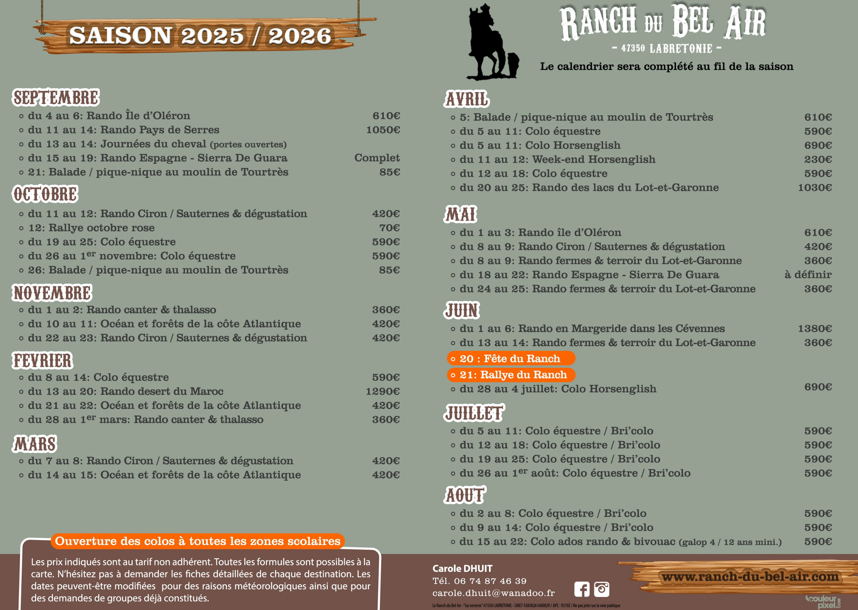 calendrier saison 2025 2026 ranch du bel air
