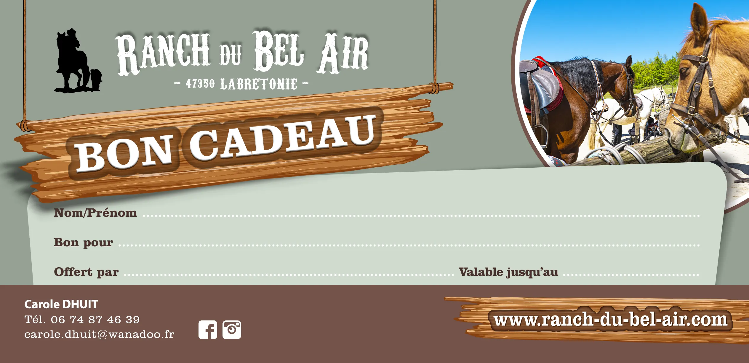 Bon cadeau balade equestre cou colo hebergement ranch du bel air