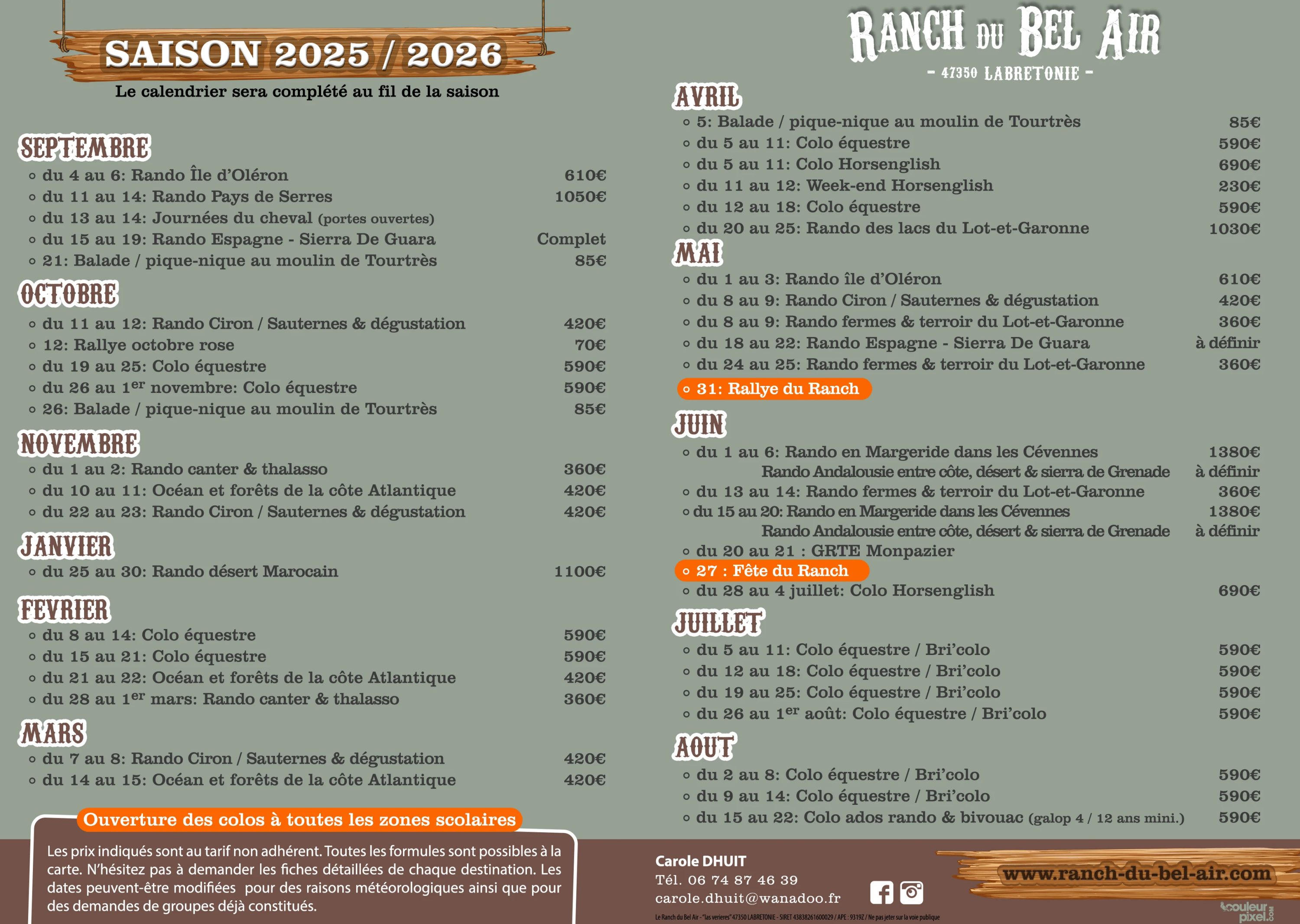 calendrier saison 2025 2026 ranch du bel air
