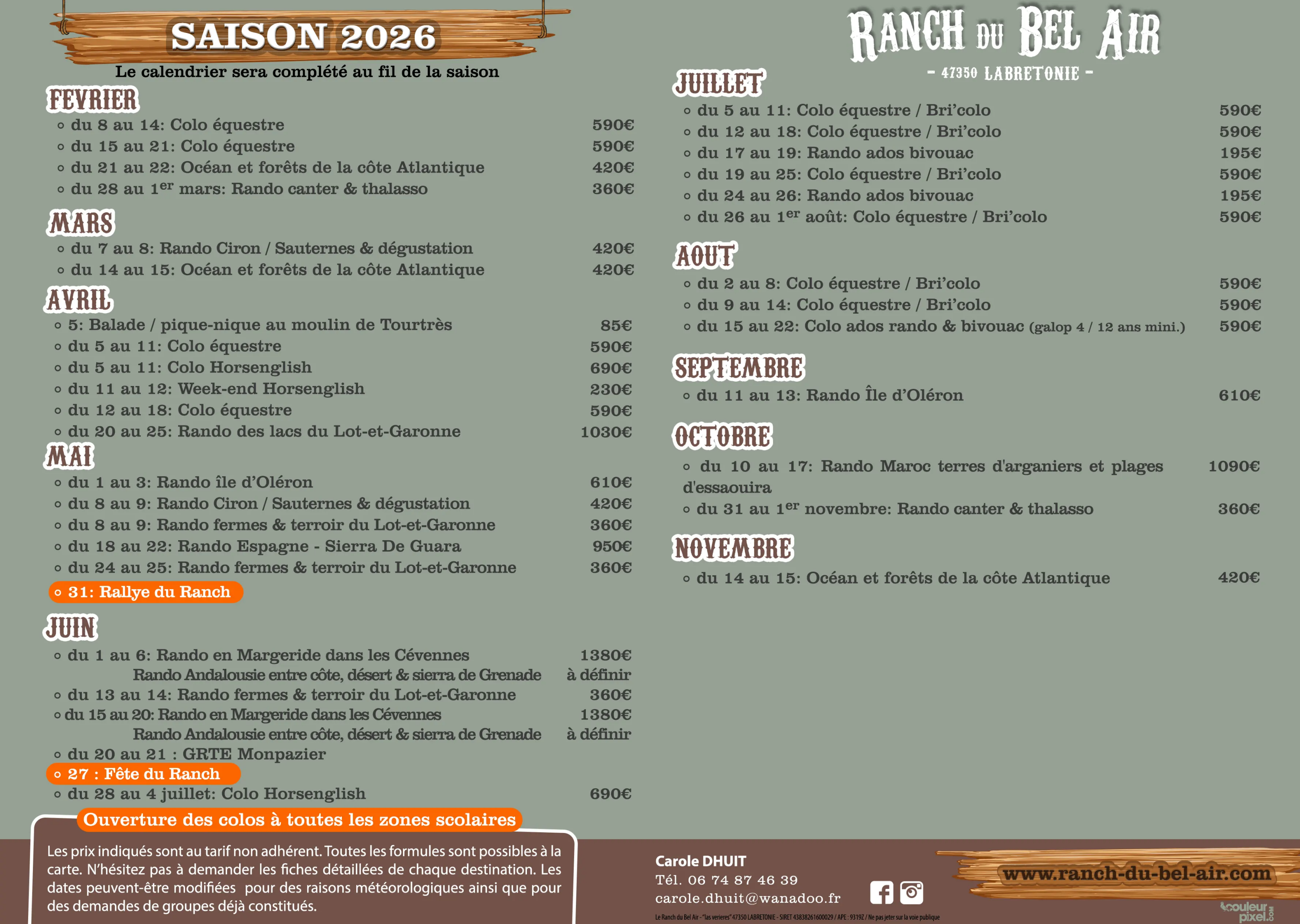 calendrier saison 2026 ranch du bel air
