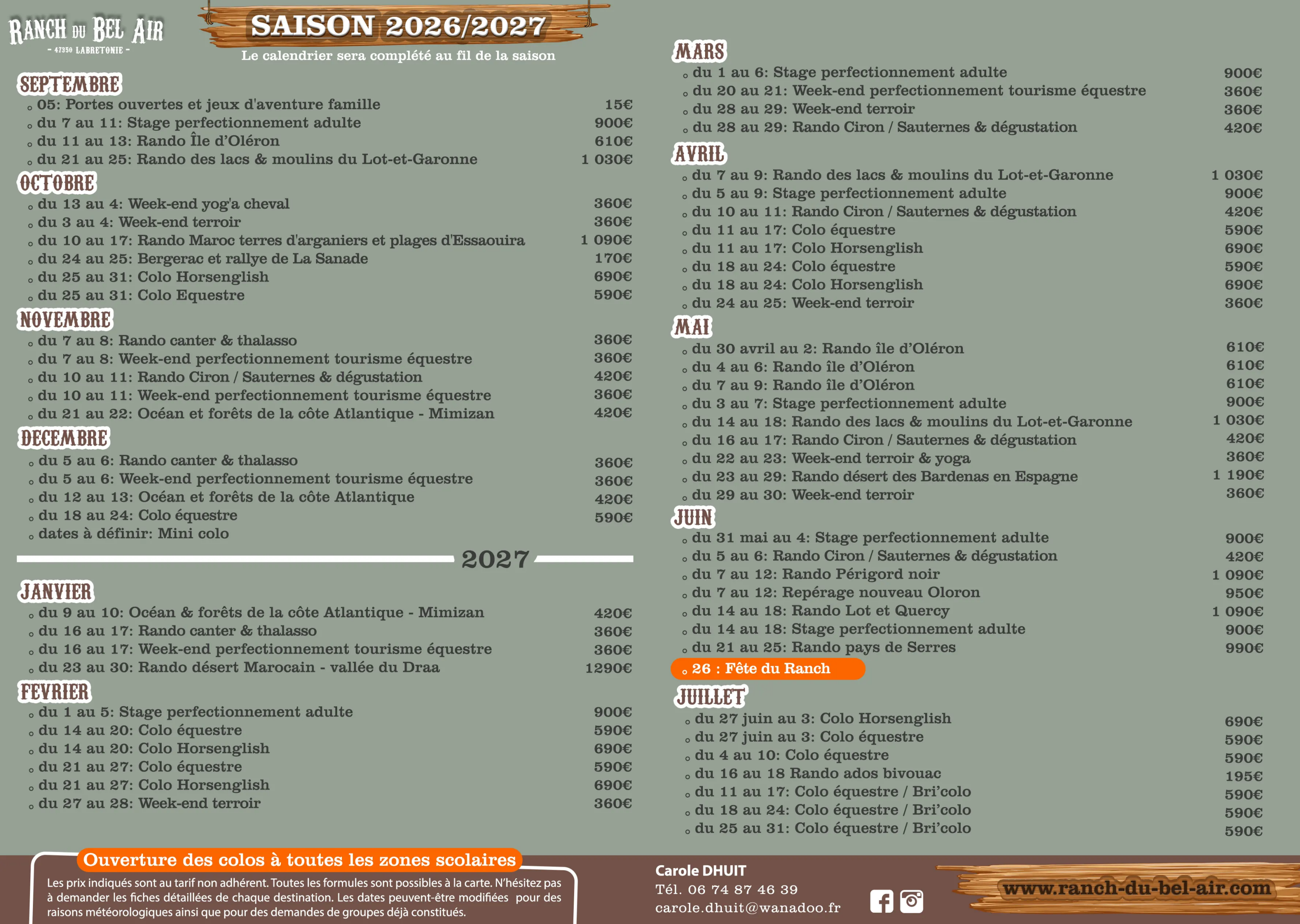 calendrier saison 2026 2027 ranch du bel air