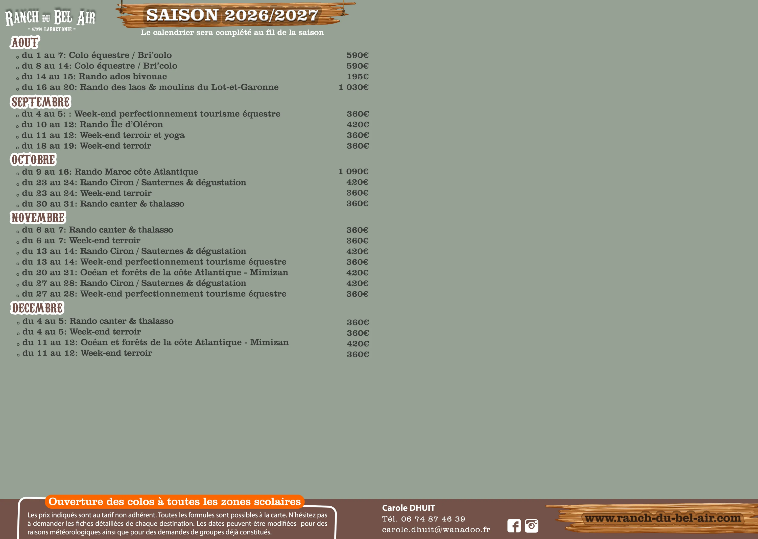 calendrier saison 2026 2027 ranch du bel air